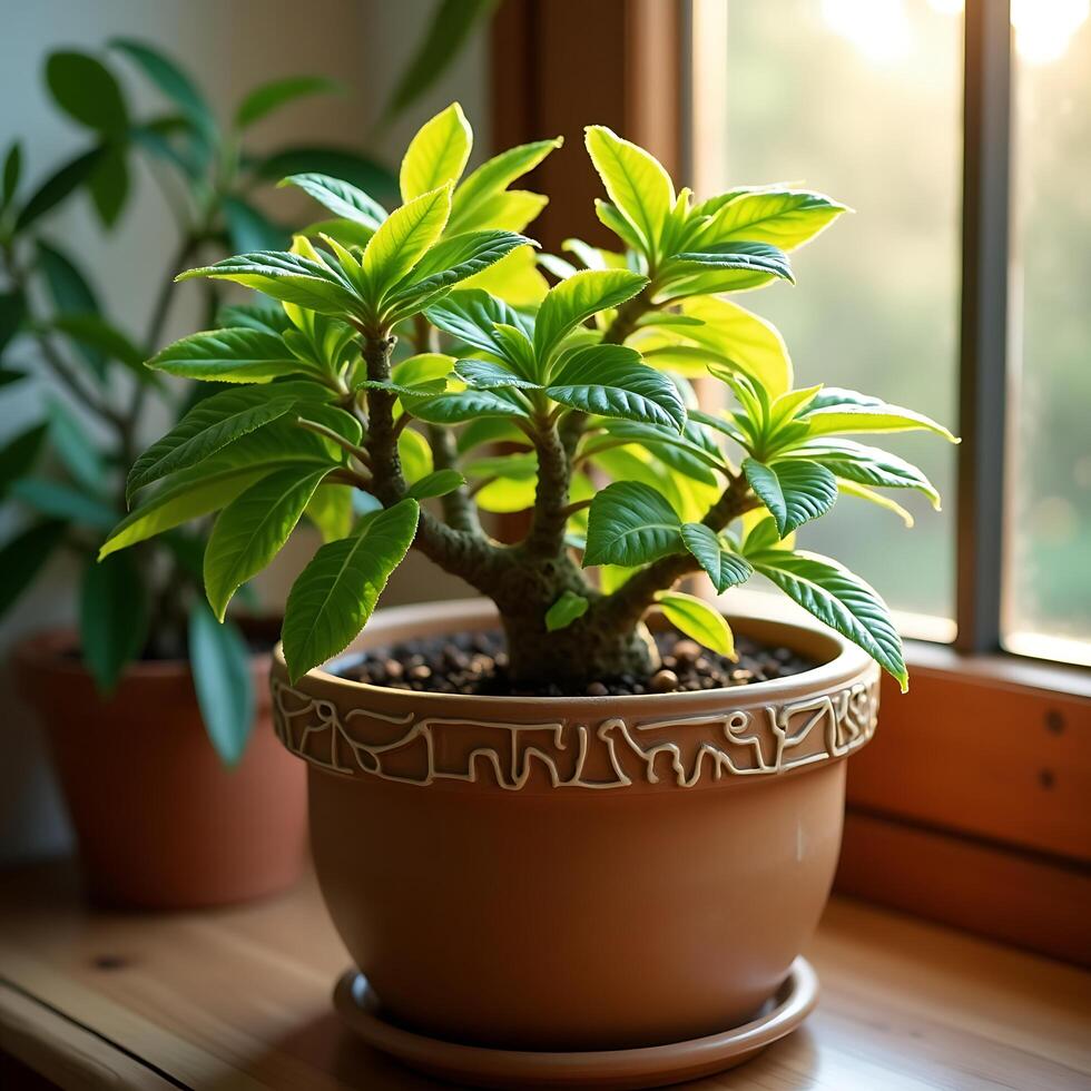 Close-up view of a lush green potted houseplant situated on a wooden surface with natural light shining through a window. photo