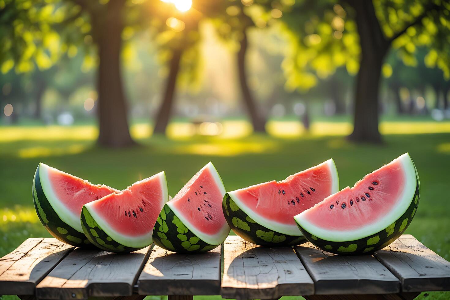 Freshly sliced watermelon pieces arranged on a wooden picnic table with a park backdrop for a summer picnic scene photo
