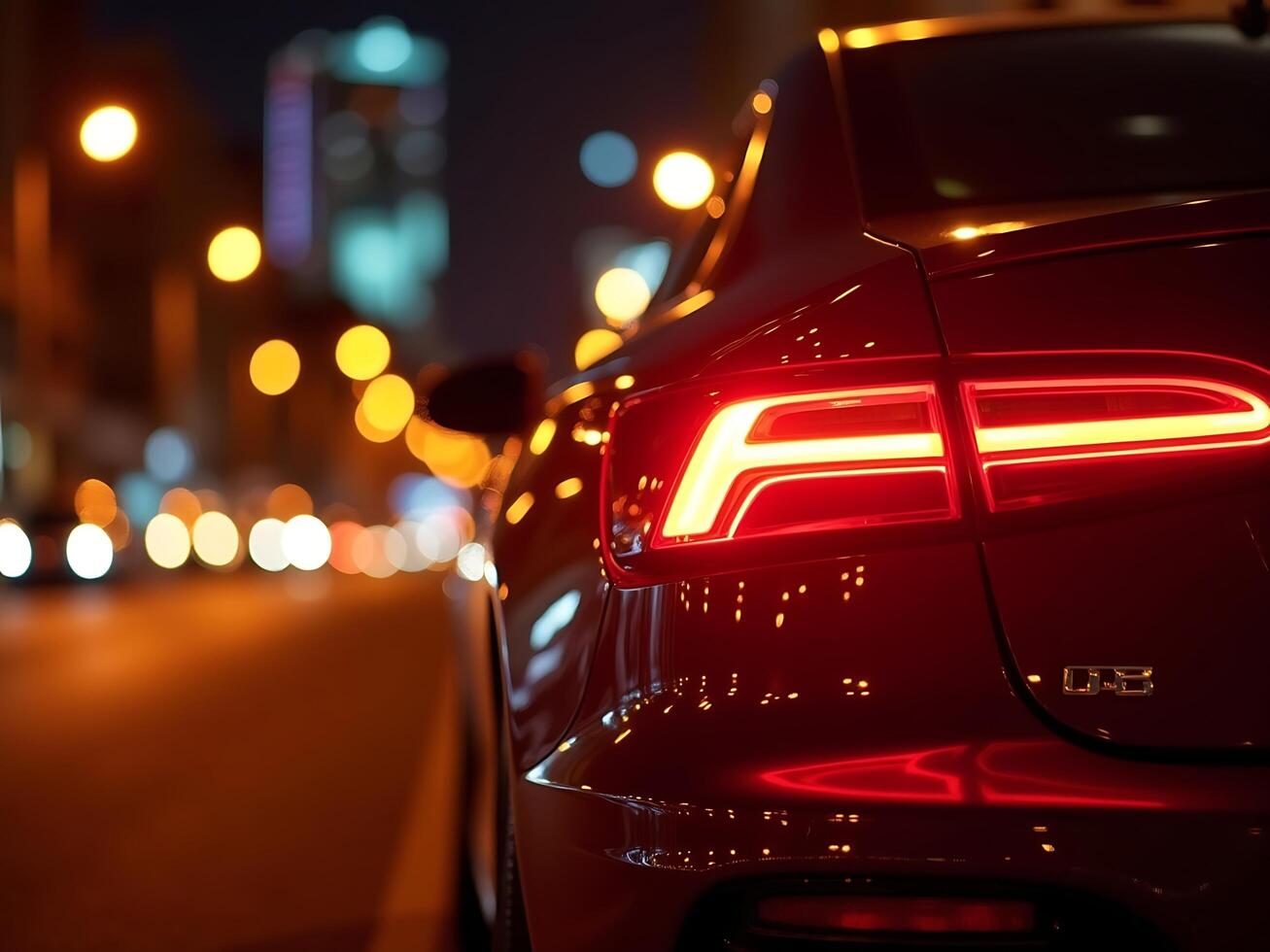 Stylish red car with illuminated tail lights parked in the city at night showcasing a blurred bokeh background photo