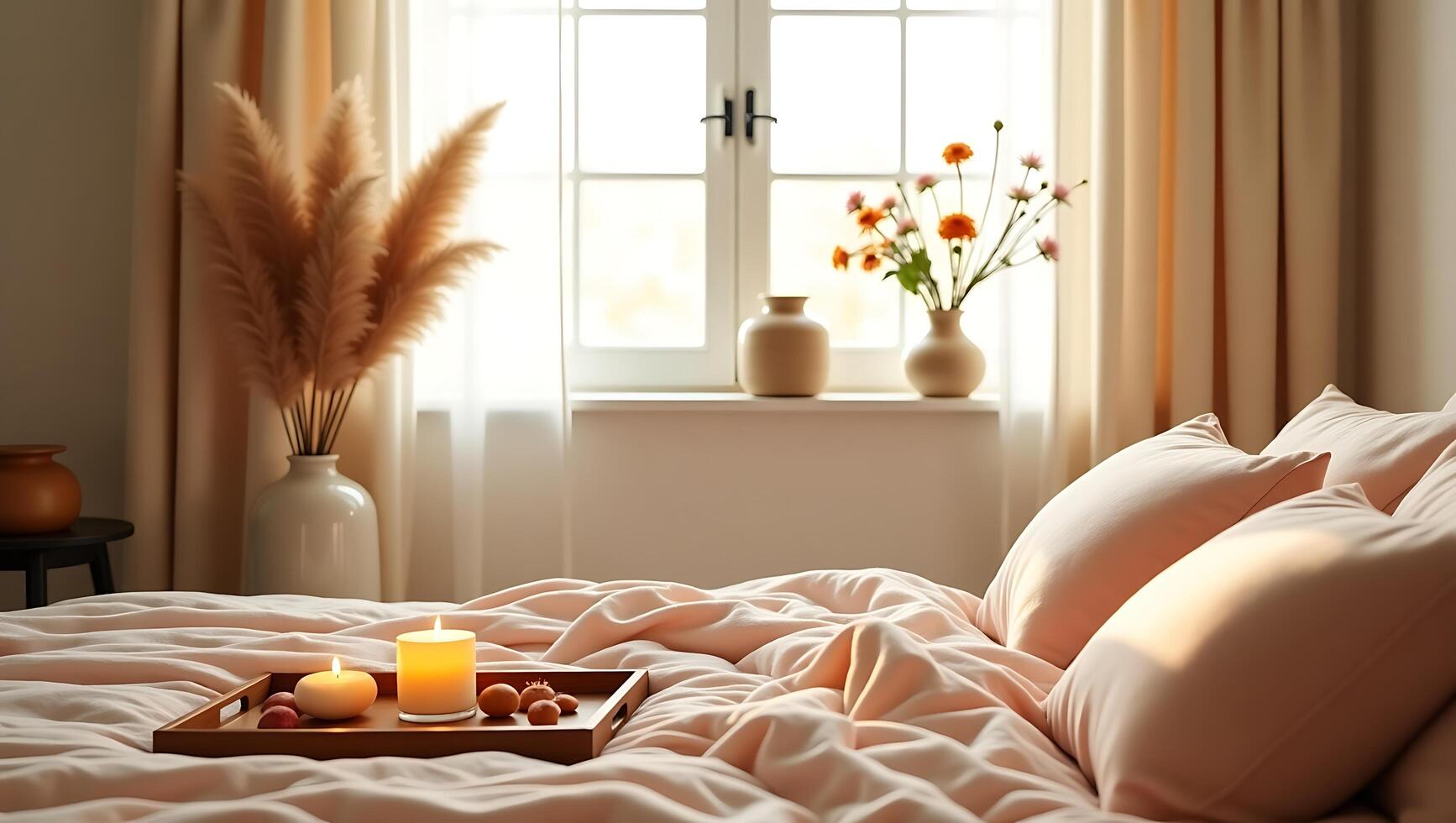 Cozy and inviting bedroom scene with candles flowers fluffy pillows and warm light creating a relaxing atmosphere photo