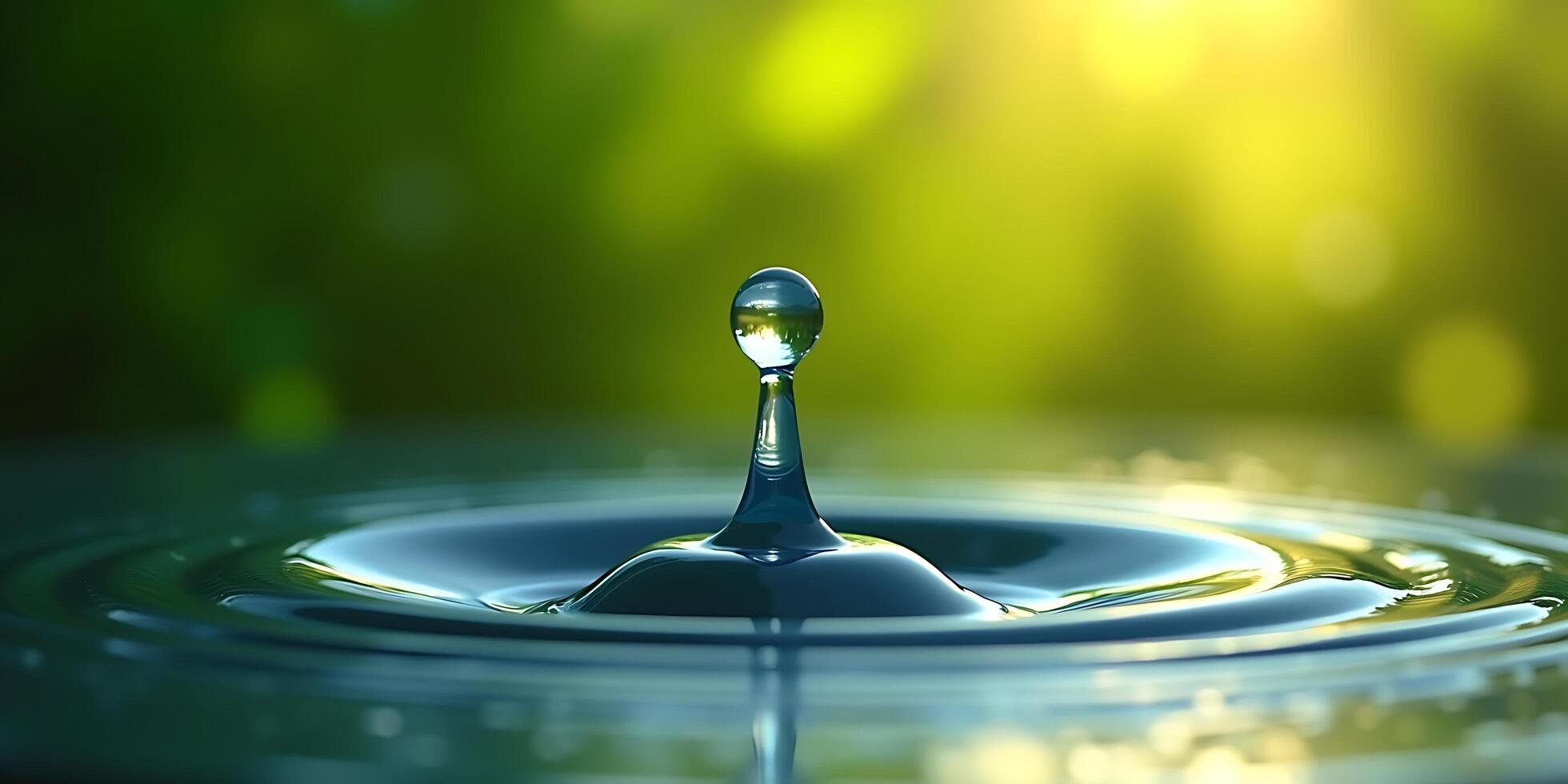 Macro shot of a perfectly formed water droplet poised to fall and create elegant ripples on the surface of liquid. photo