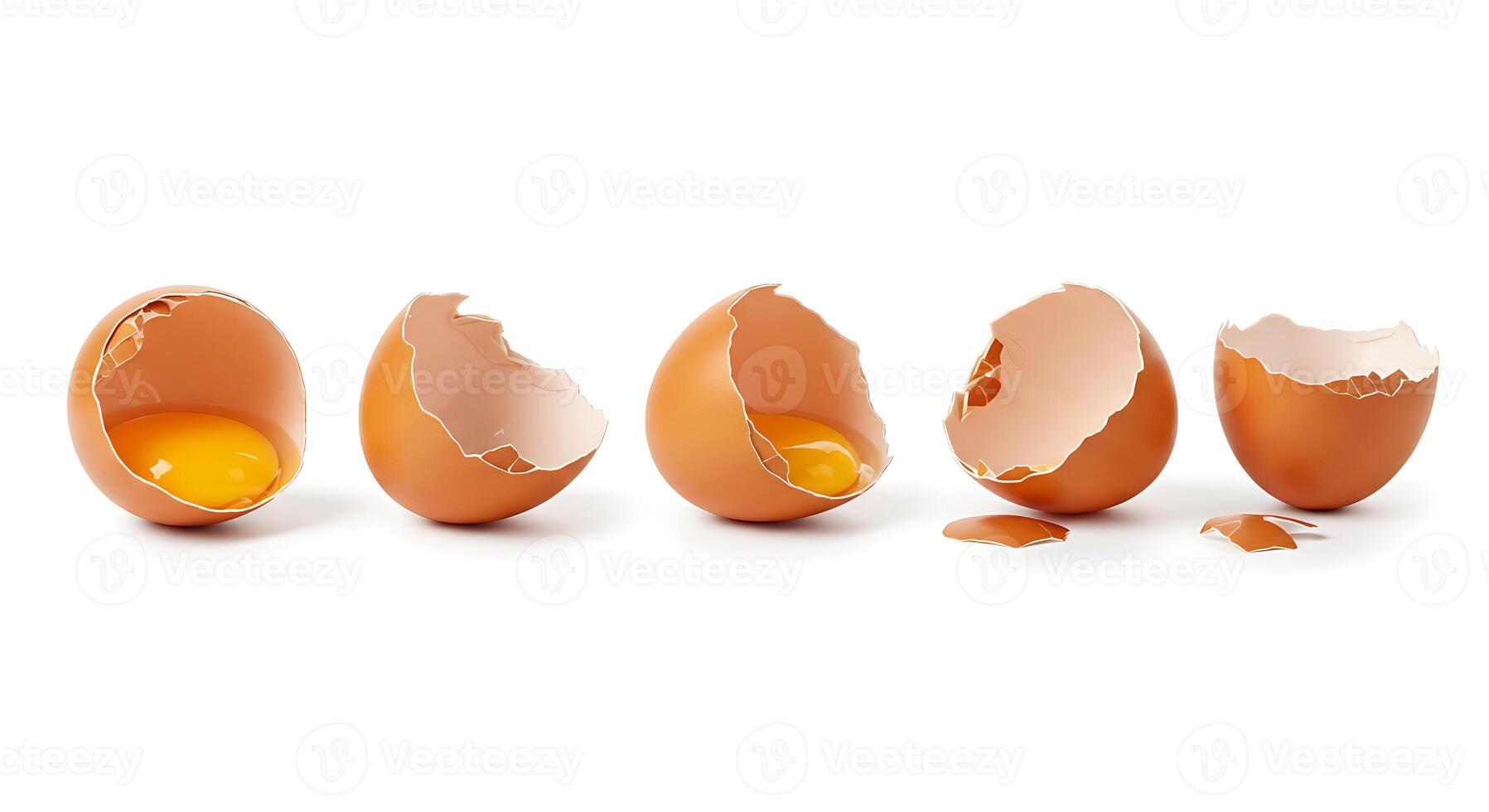 An egg cracked in half with four broken shells photo