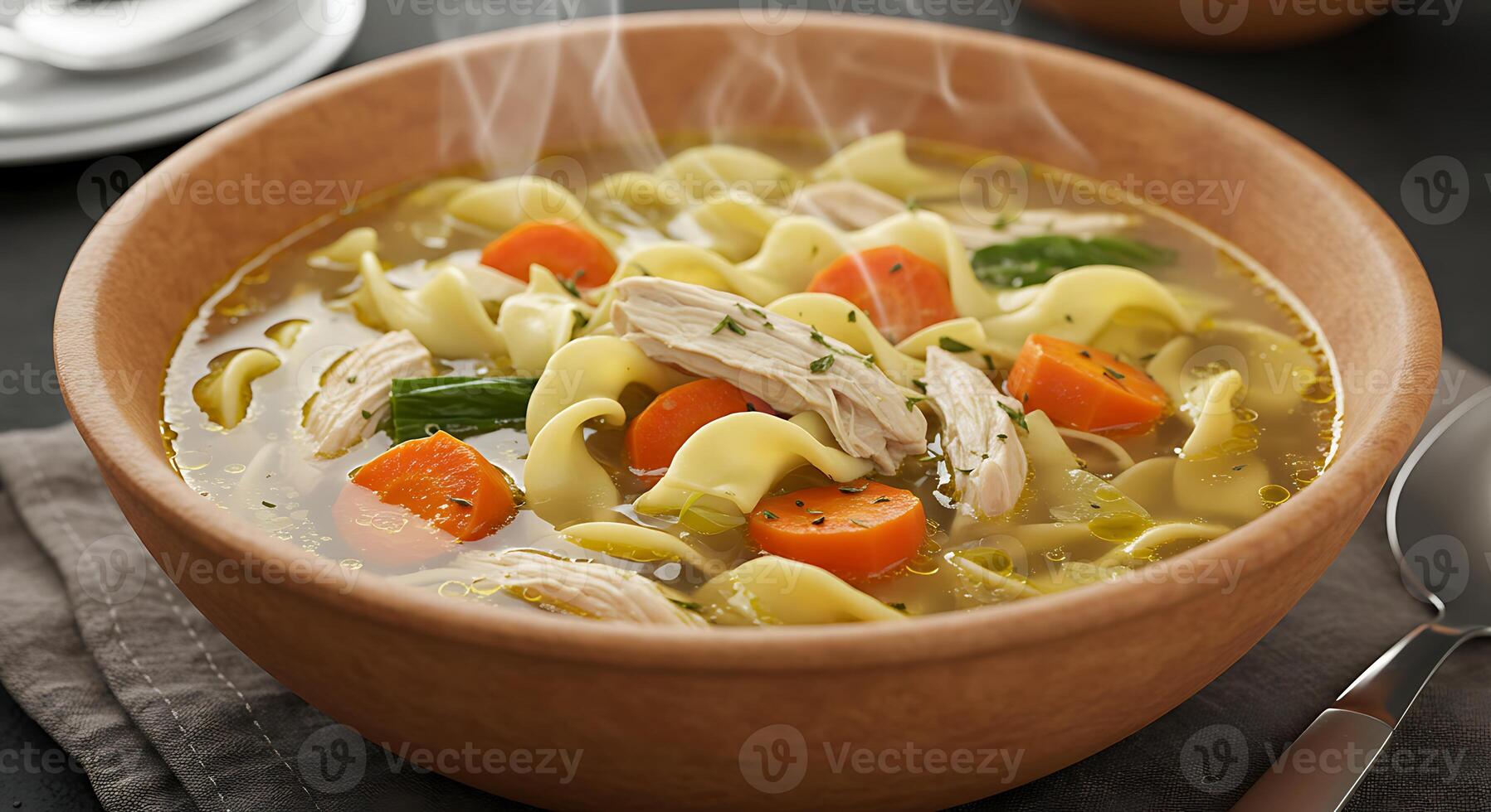 Steaming Chicken Noodle Soup A Rustic Culinary Delight photo