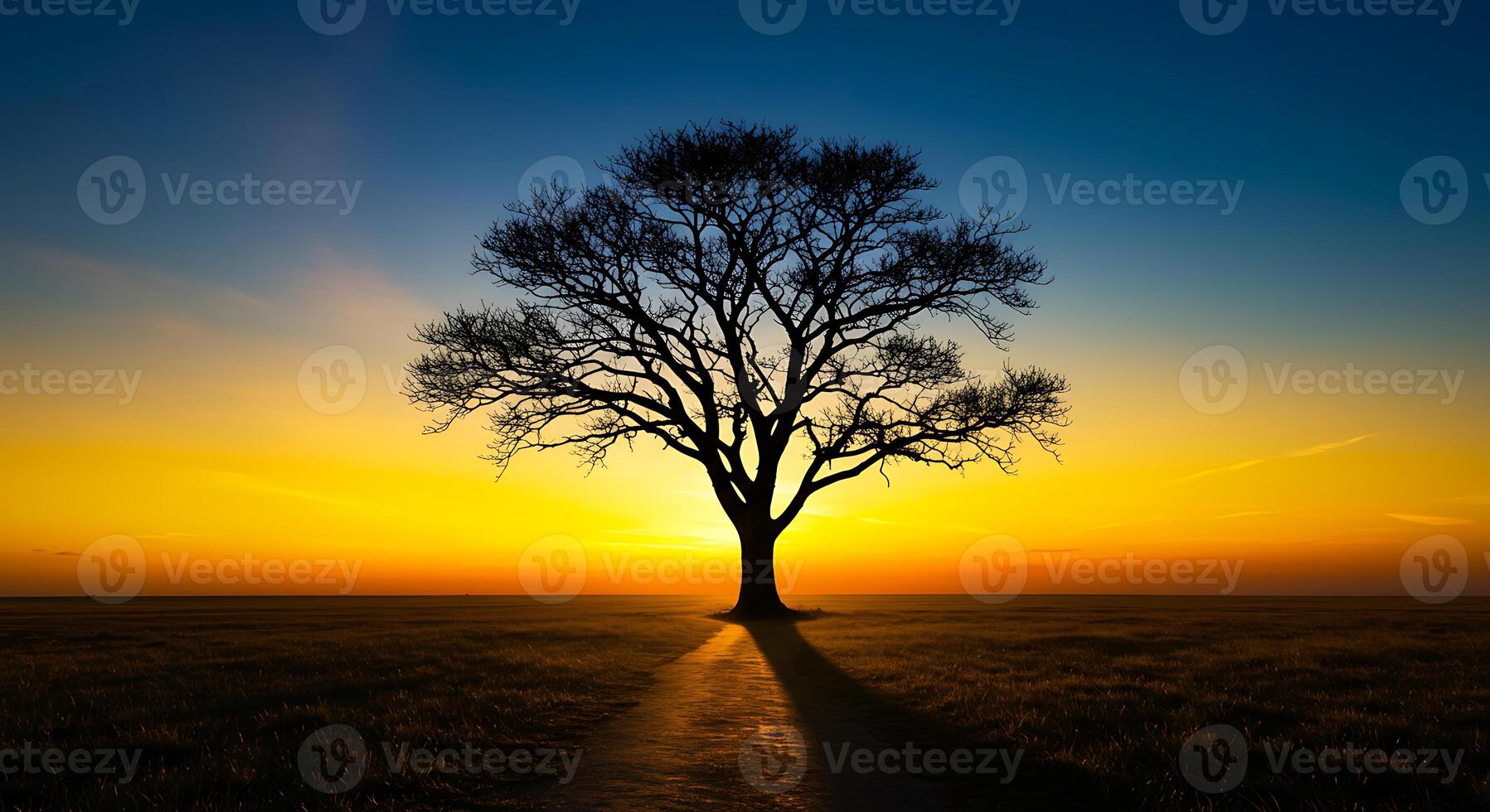 A lone tree stands in the middle of a field at sunset photo