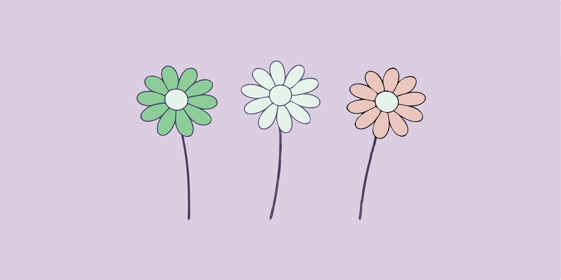Three Pastel Colored Flowers On A Lilac Background Simple And Minimalist Design vector