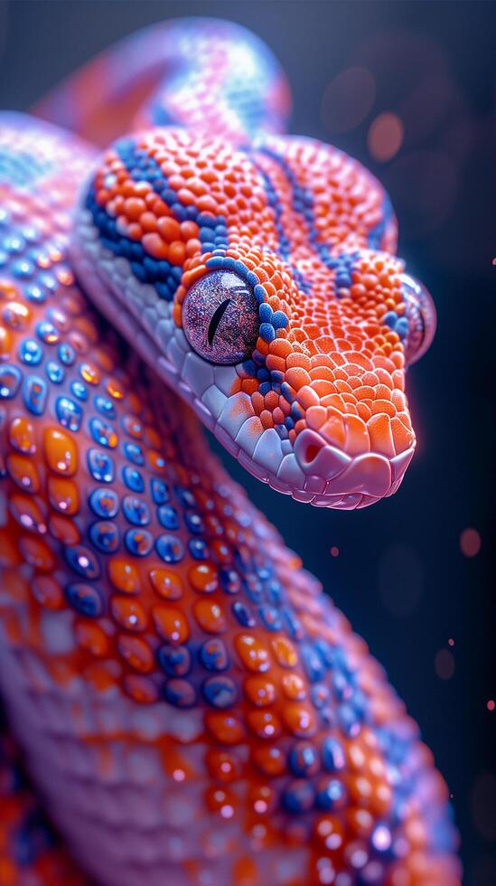 A close up of a colorful snake with blue and orange spots photo