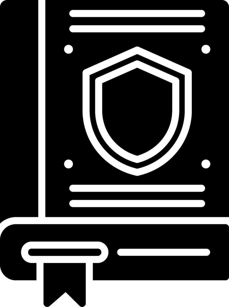 A black and white icon of a book with a shield vector