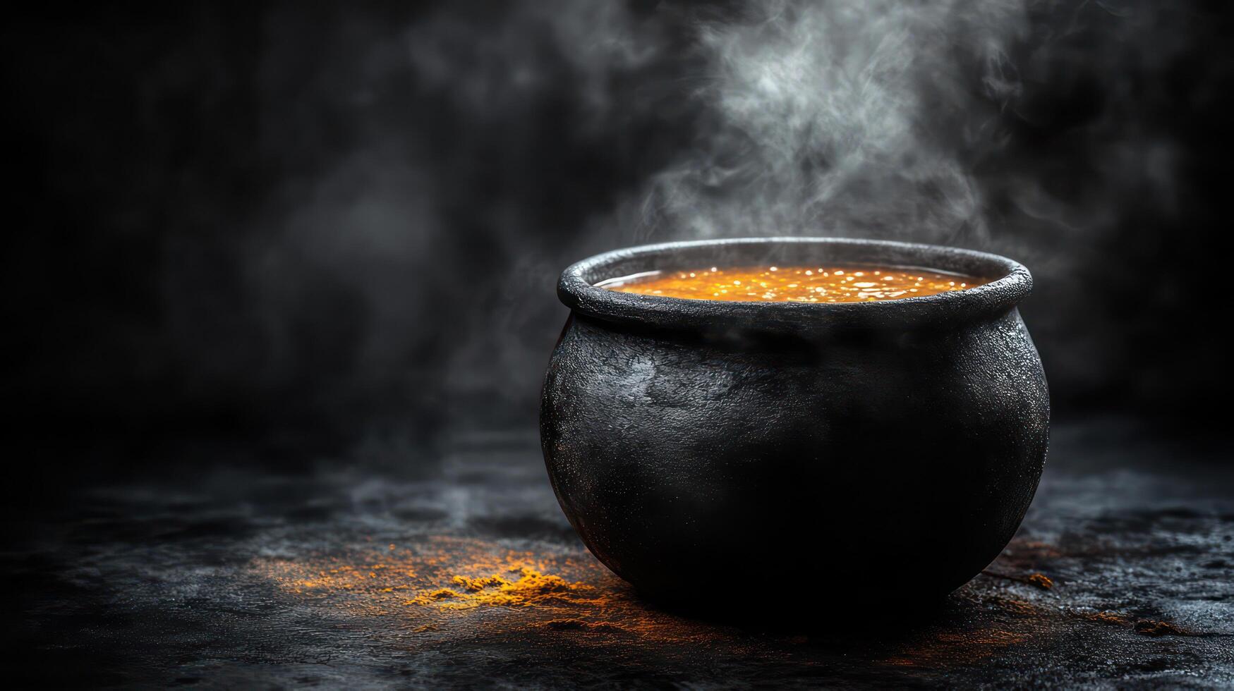 A pot of curry is steaming on a dark background photo