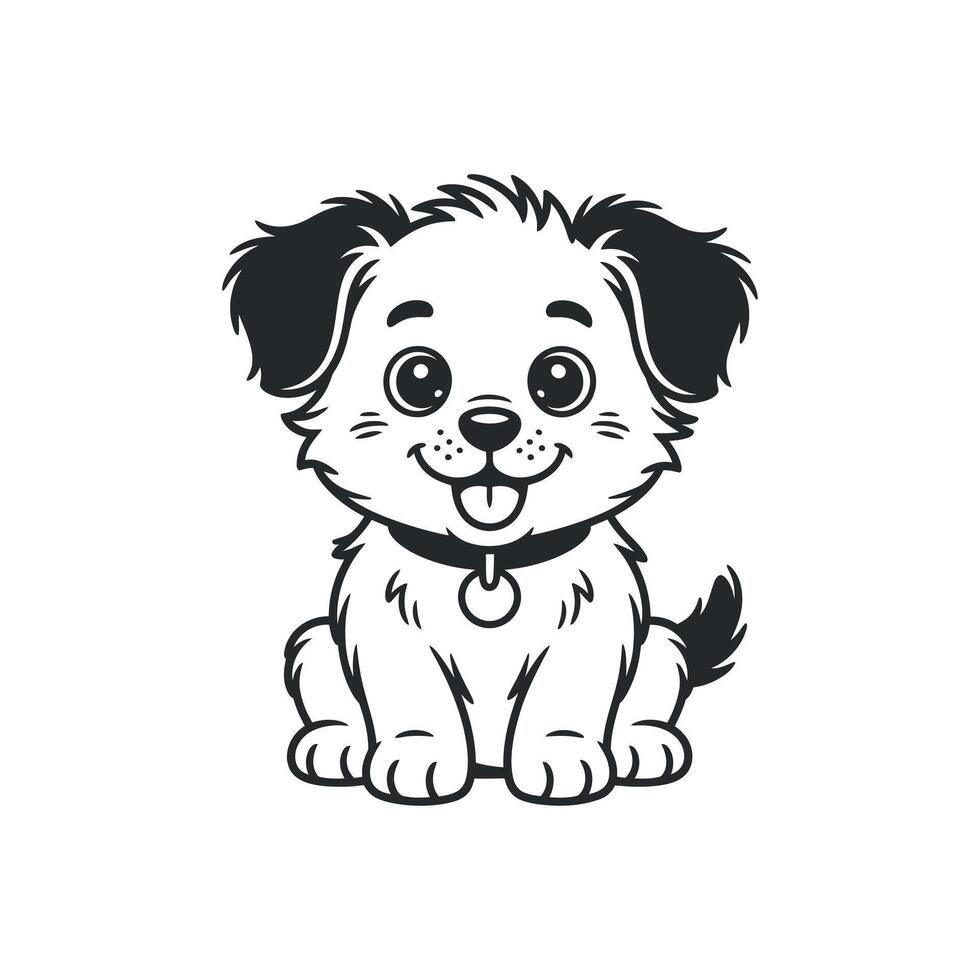 Adorable Cartoon Puppy Sitting with Collar Happy Expression Black and White Illustration vector