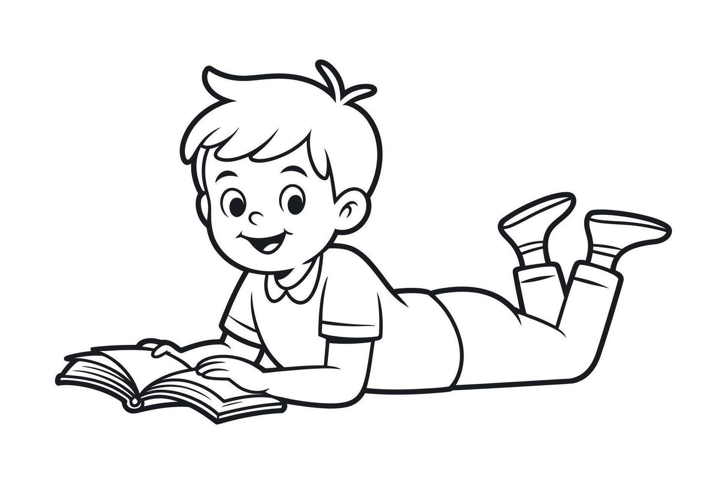 Happy Boy Lying Down Reading a Book Coloring Page Illustrations on white background vector