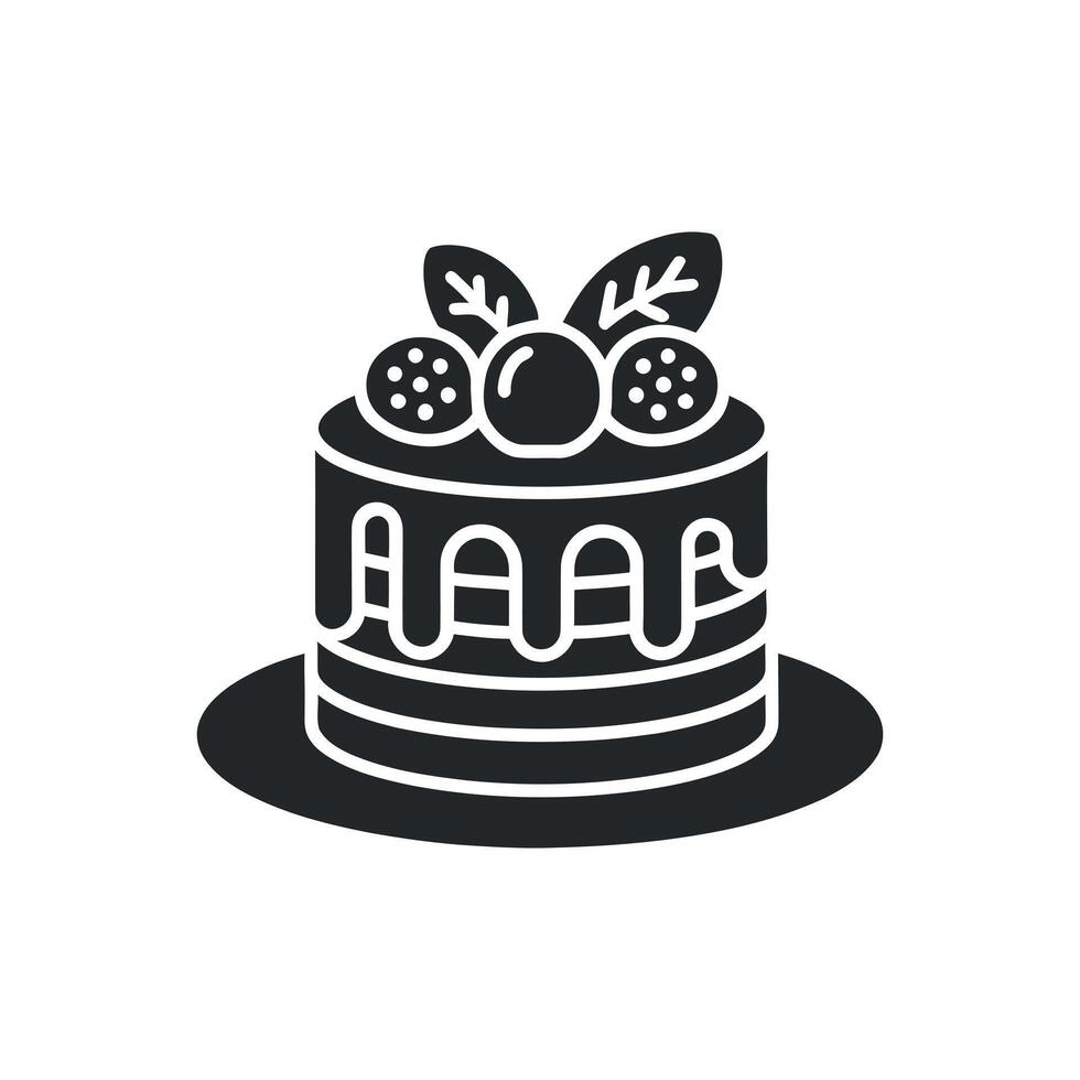 Delicious layered cake icon with blueberries strawberries and leaves on top served on a plate vector