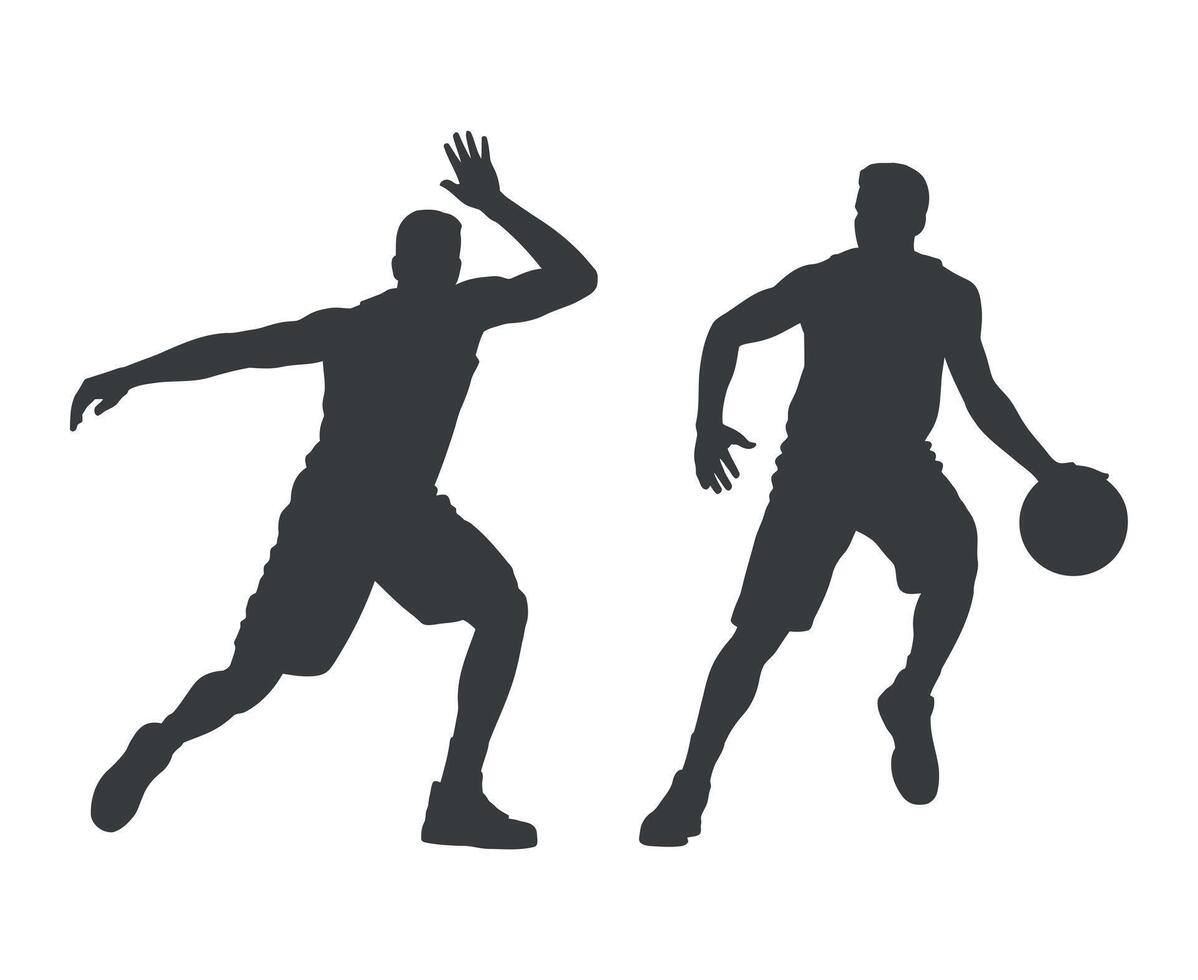 Two Dynamic Silhouettes of Basketball Players in Action One Jumping and One Dribbling vector