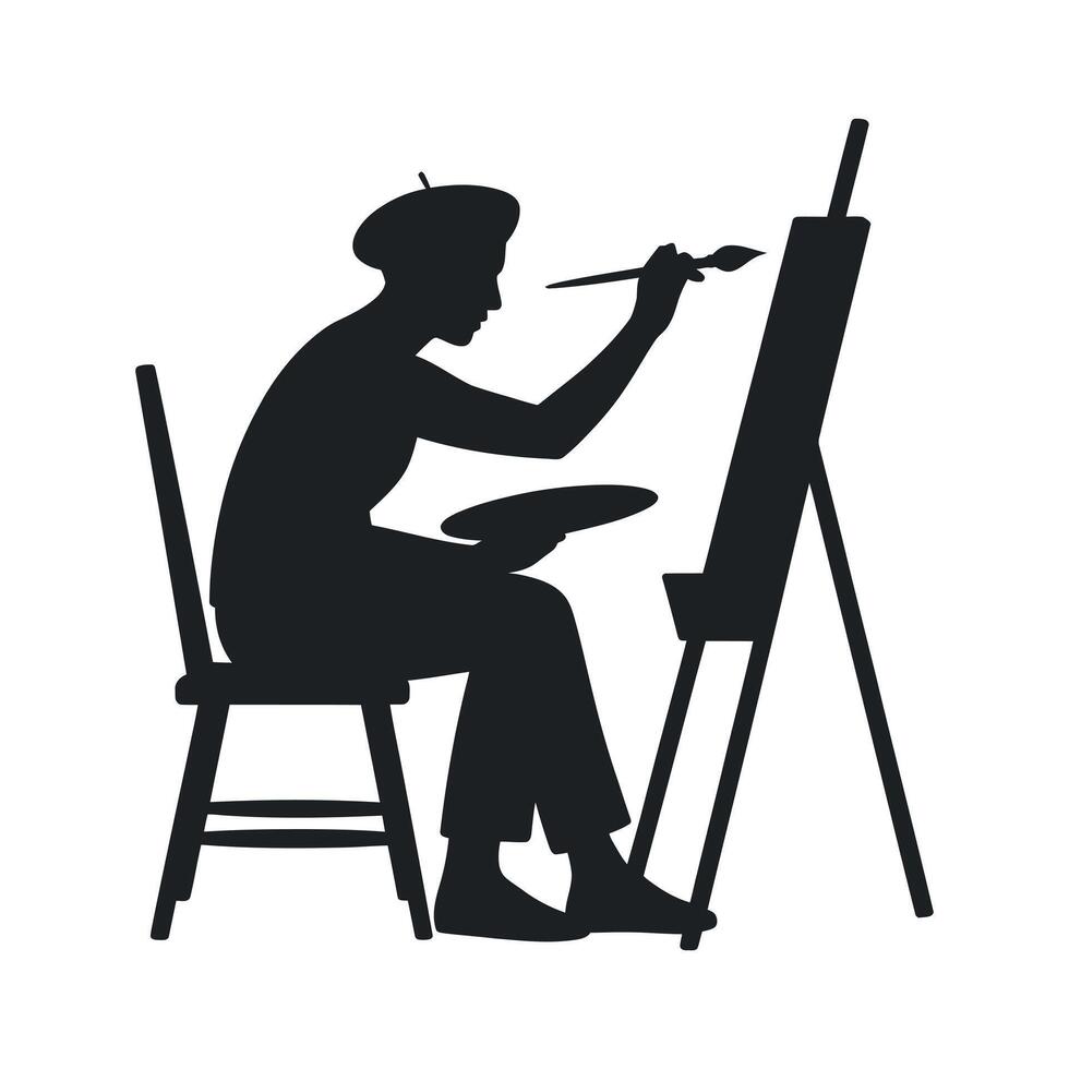 Silhouette of an Artist Painting on an Easel Sitting on a Chair vector