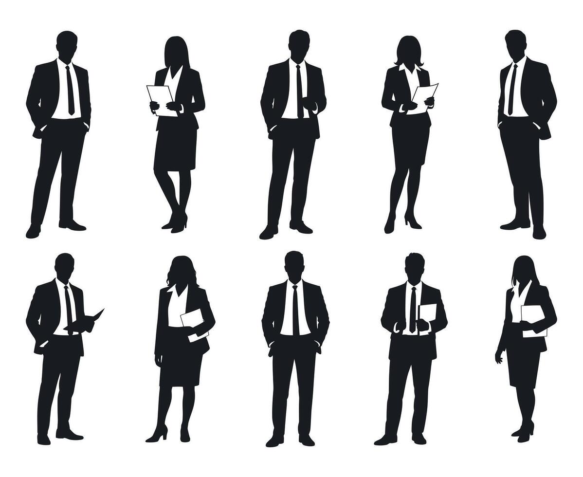 Ten Business Professionals Silhouettes Diverse Poses Corporate Team Meeting Presentation vector