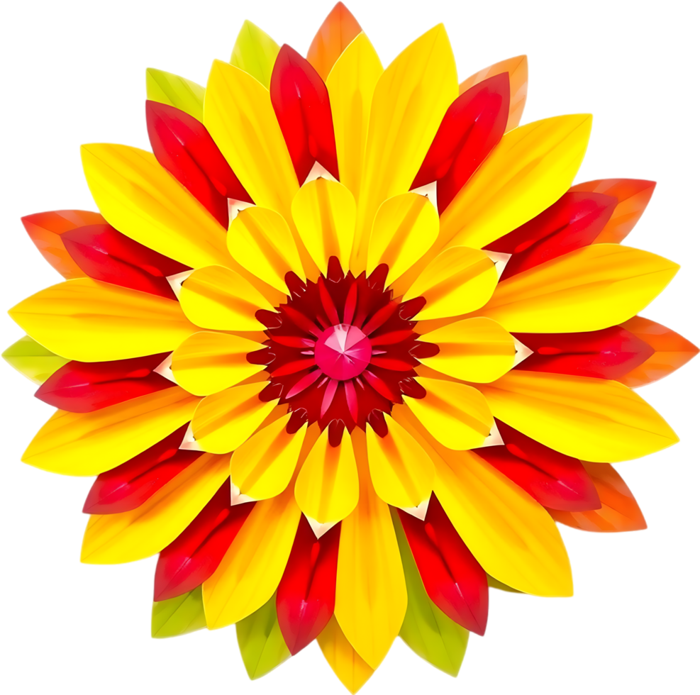 Ornamental flower design featuring symmetry in warm color blend. . png