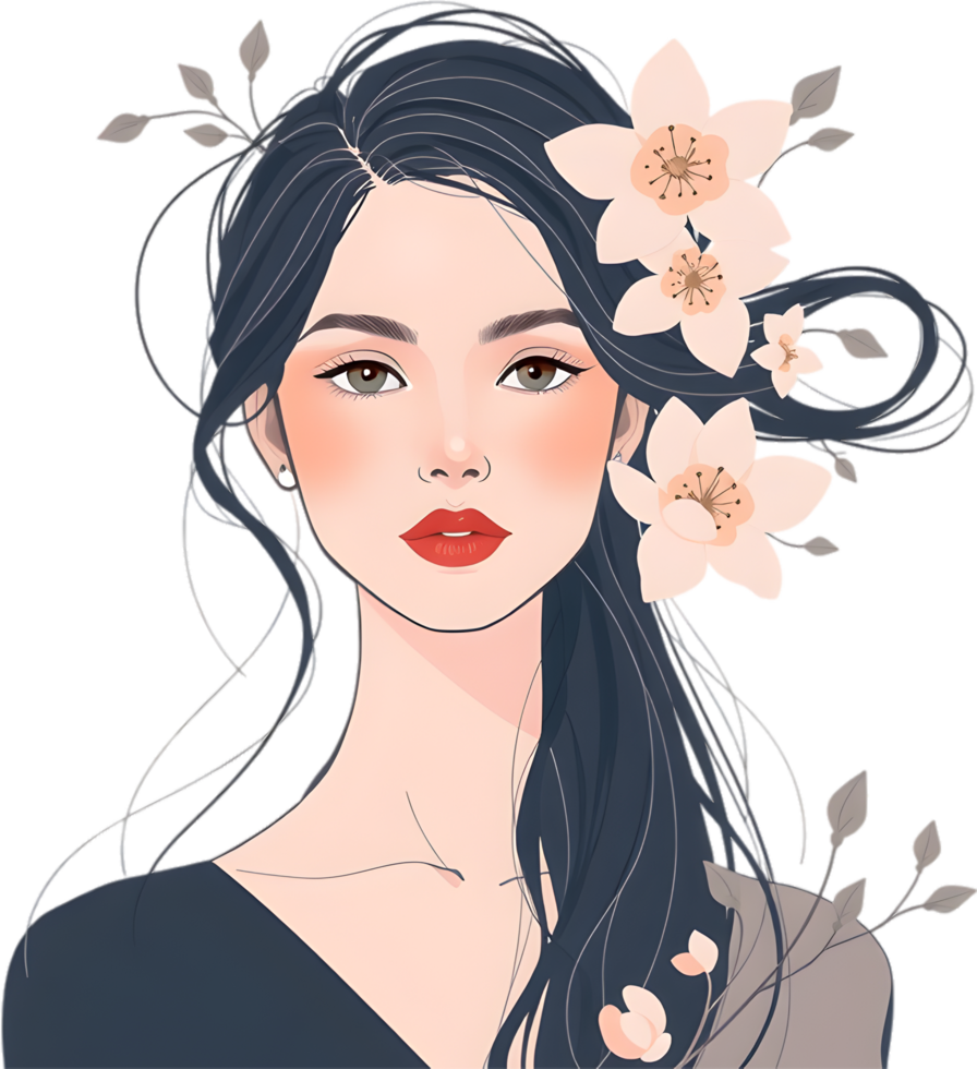 Stylish feminine line portrait with graceful abstract floral elements. . png