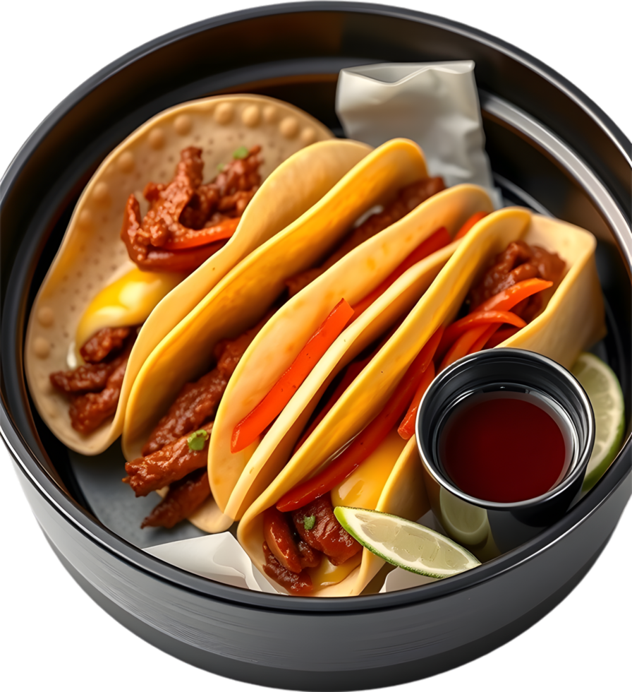 Hot tacos with beef birria and colorful fresh toppings. . png