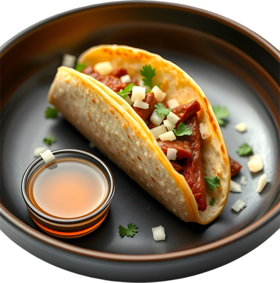 Corn tortilla tacos filled with birria and green herbs. . png