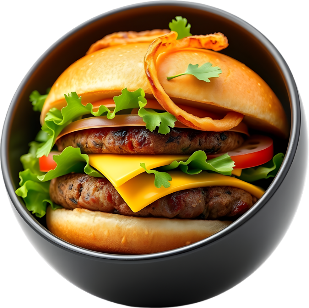 Burger design featuring grilled bun cheese lettuce and onions. . png