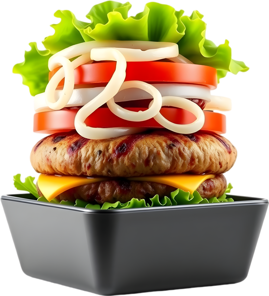 Juicy burger loaded with cheese lettuce tomato and onions. . png