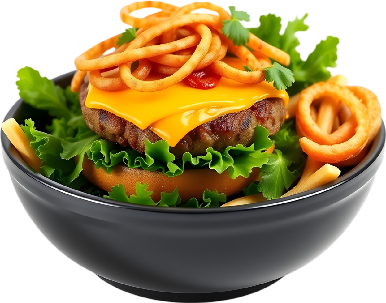 Realistic burger artwork showing juicy patty and rich toppings. . png
