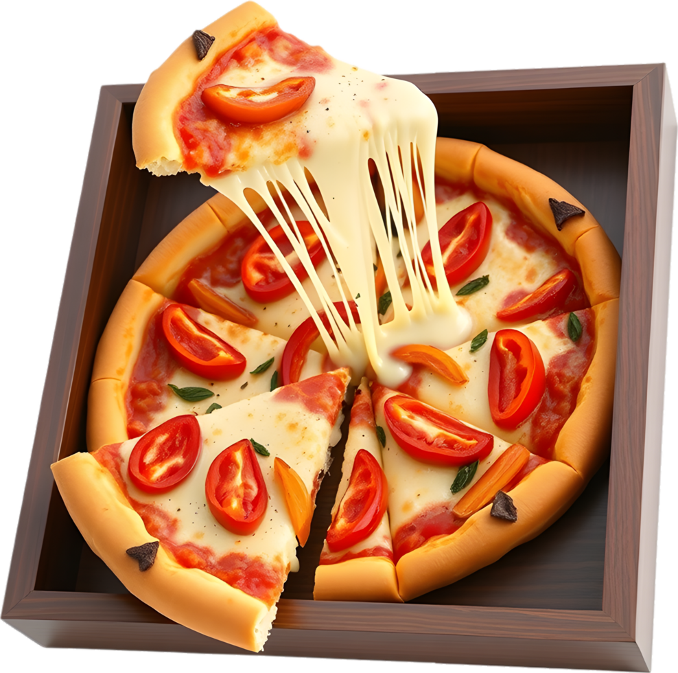 Crusty hot pizza slice with cheese pull design. . png