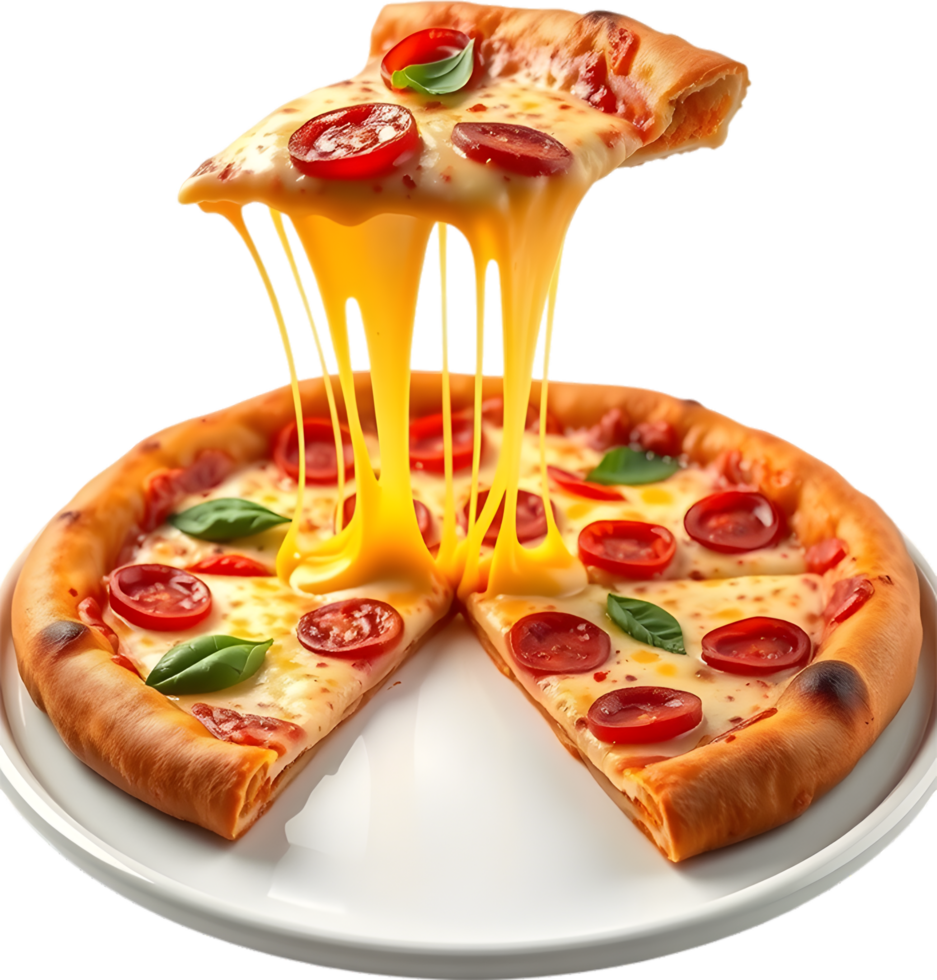 Gooey pizza slice with mozzarella and crust design. . png