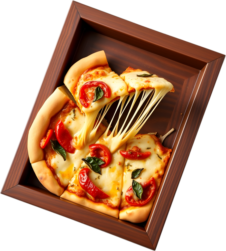 Delicious hot pizza slice with dripping melted cheese artwork. . png
