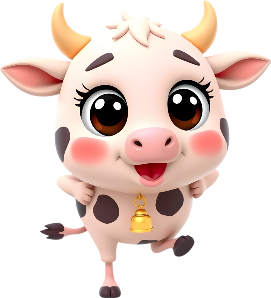 Chubby cheerful cow cartoon with happy expressive face pose. . png