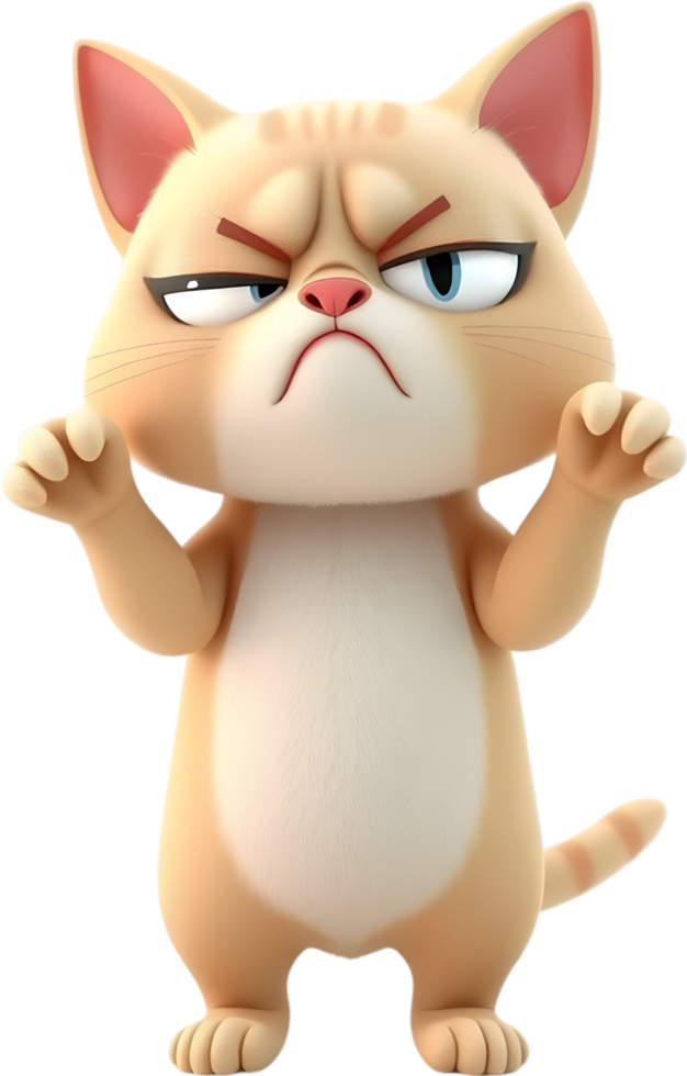 Bold grumpy cartoon cat sitting with funny pouty face. . png
