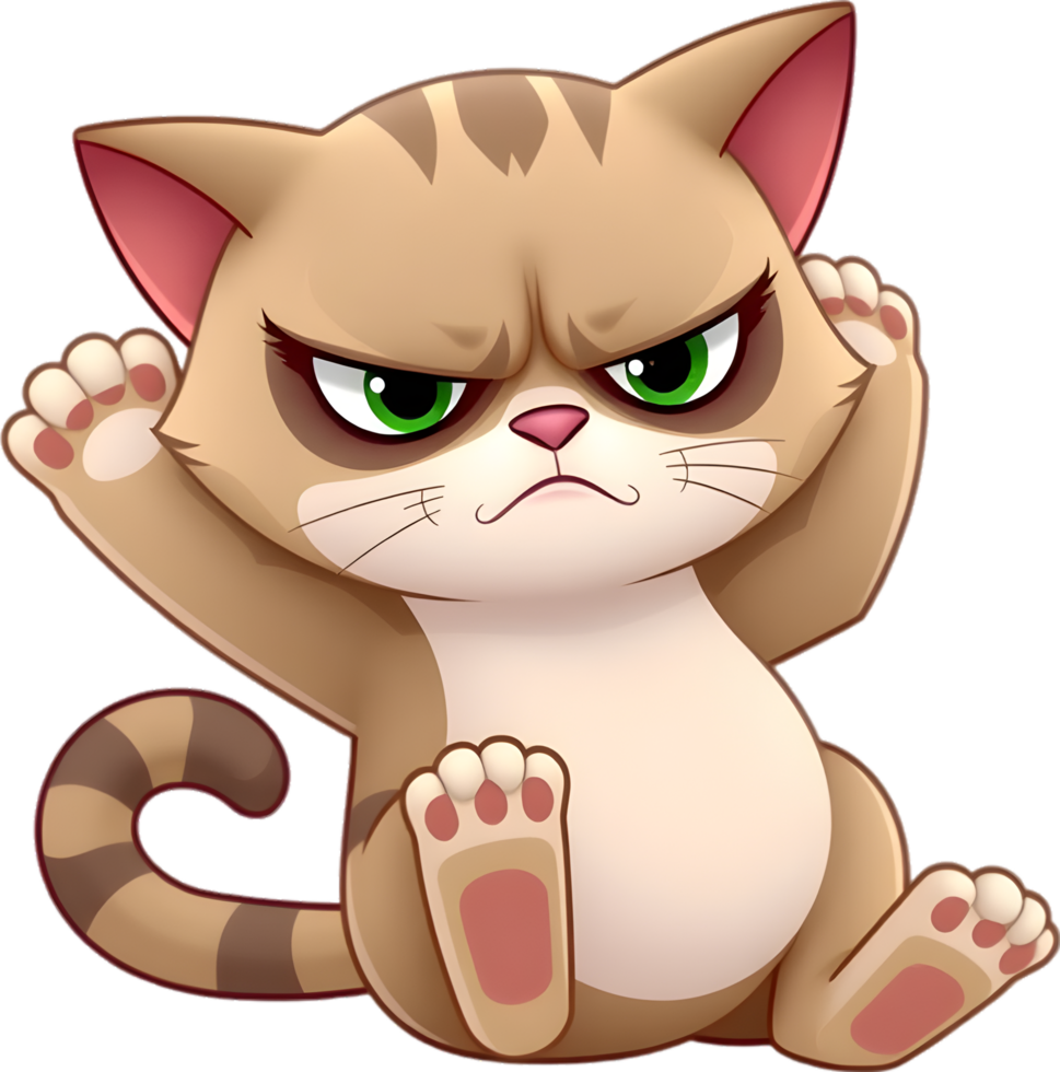 Quirky feline cartoon with funny eyes and adorable grumpy style. . png