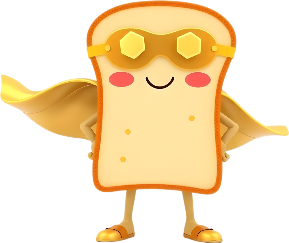 Bread slice cartoon with playful expression and kawaii face. . png