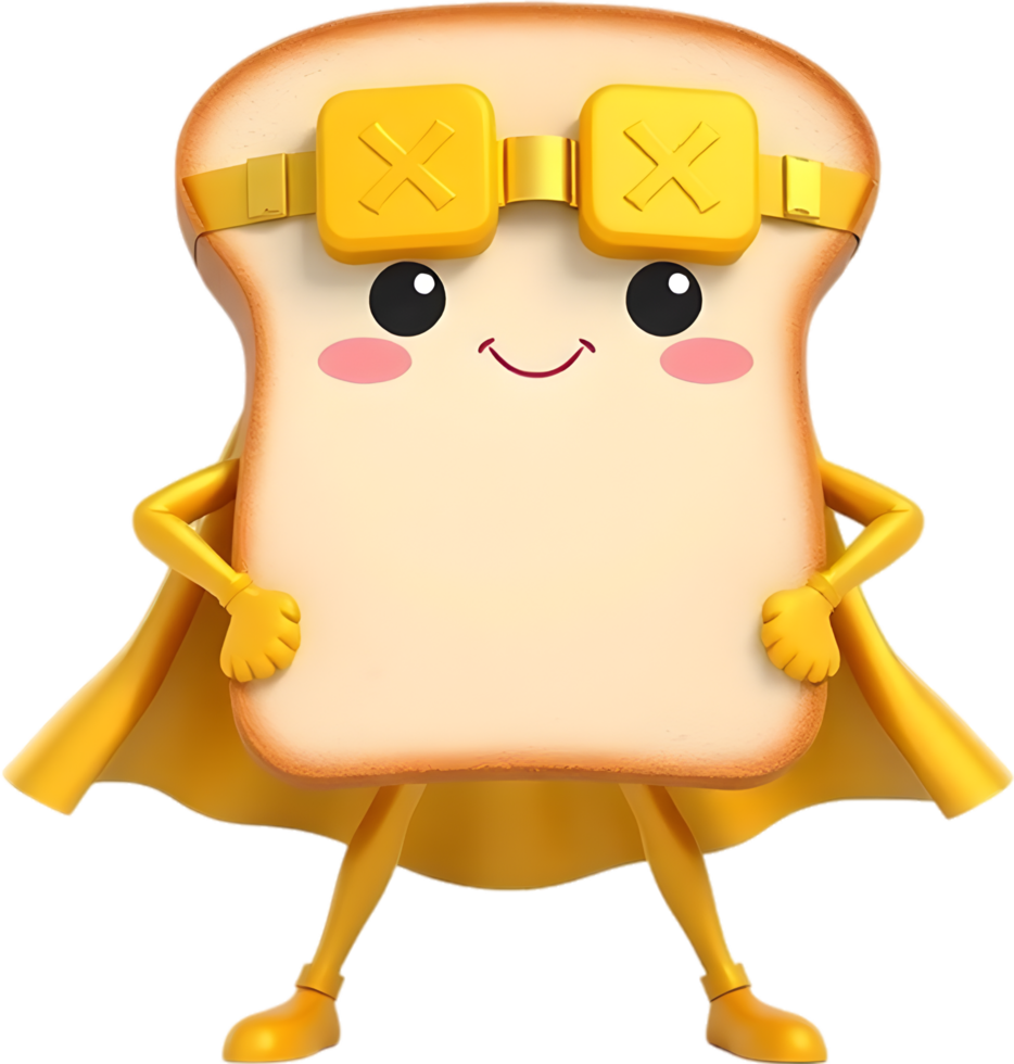 Cheerful smiling cartoon toast with fun cute breakfast look. . png
