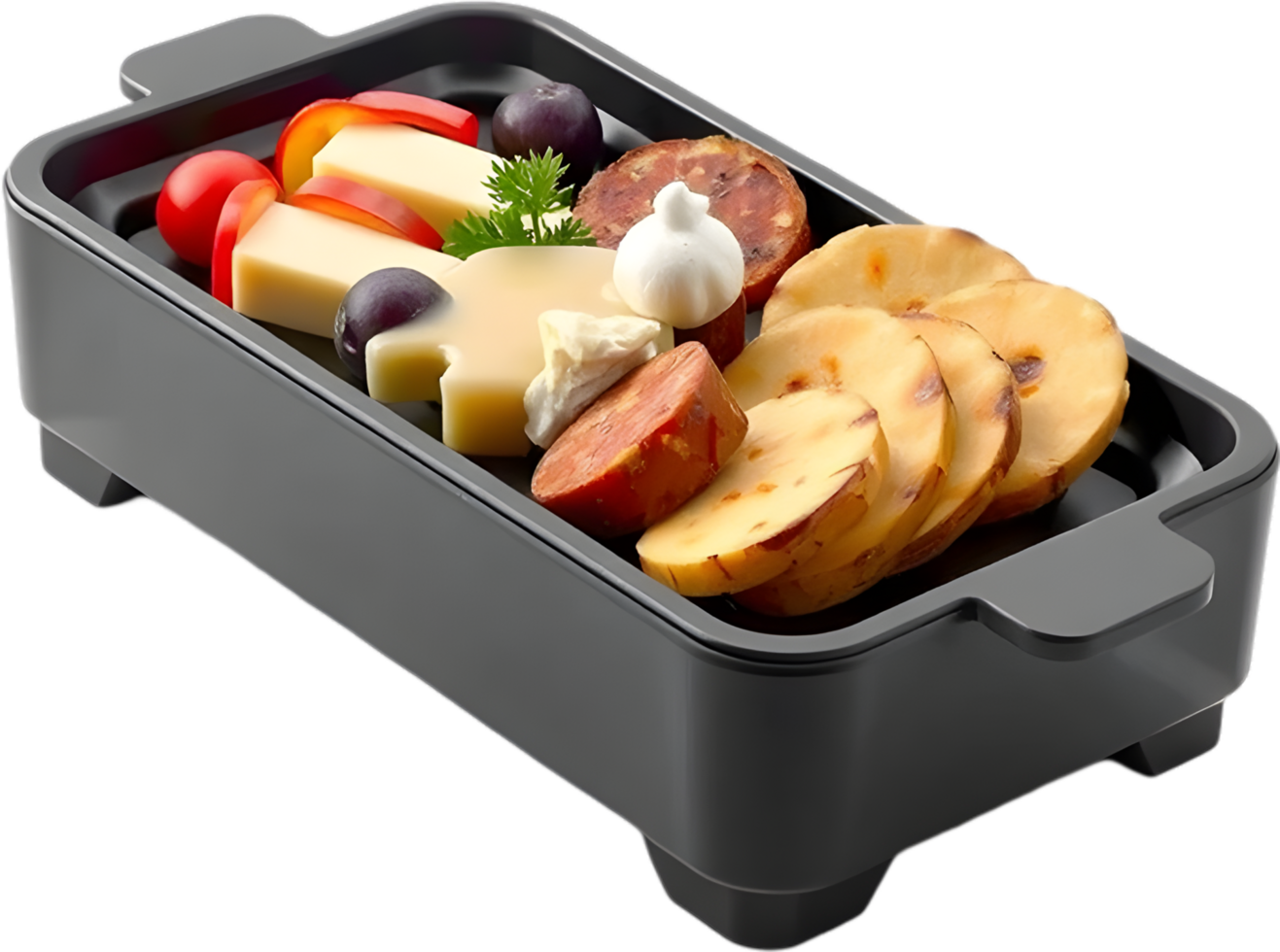 Smooth raclette cheese atop roasted potatoes and fine meats. . png