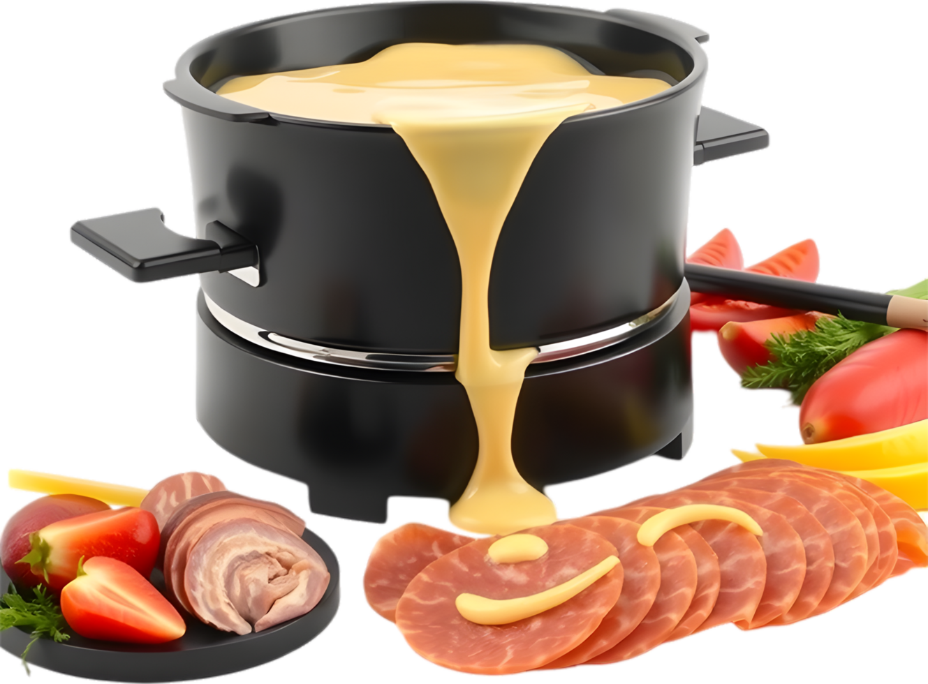 Beautiful raclette setup with gooey cheese and potato meal. . png