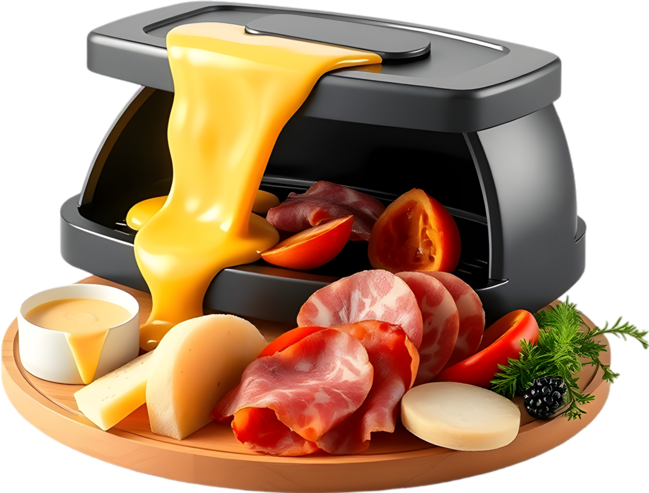 Rich and hearty raclette cheese melts over potato slices. . png