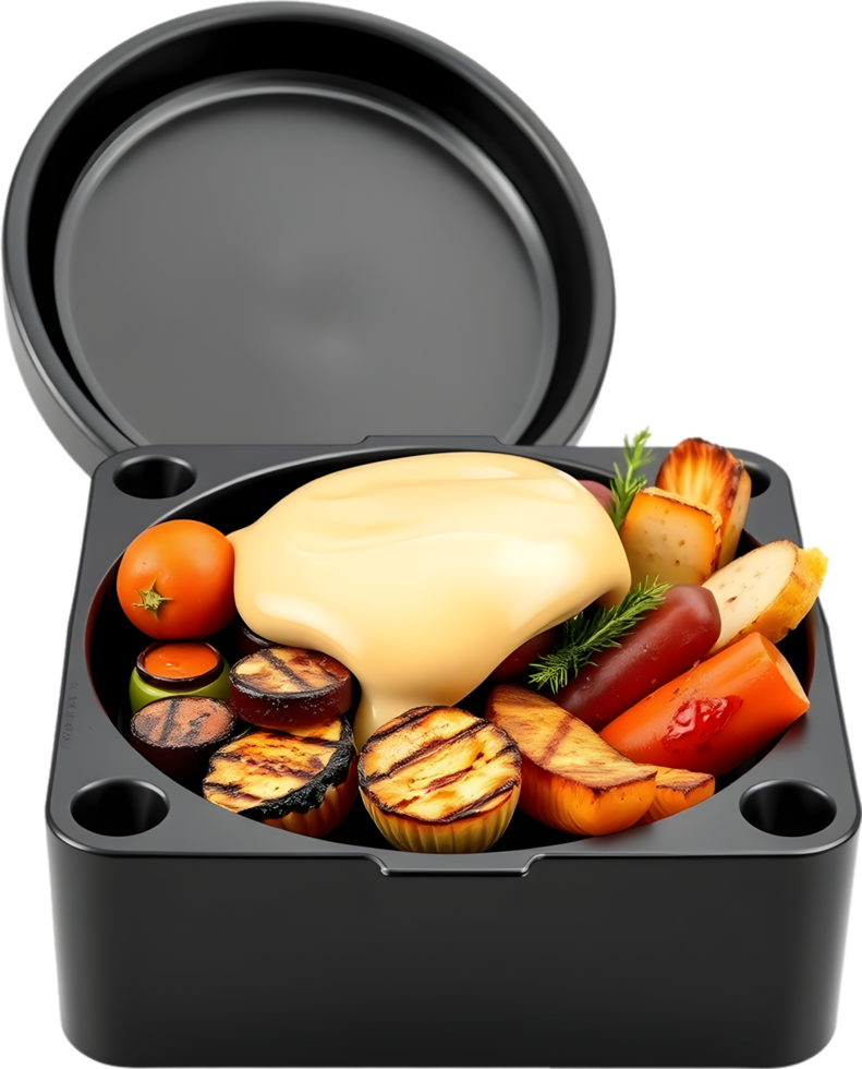 Savory melted raclette cheese dinner with potatoes and meats. . png