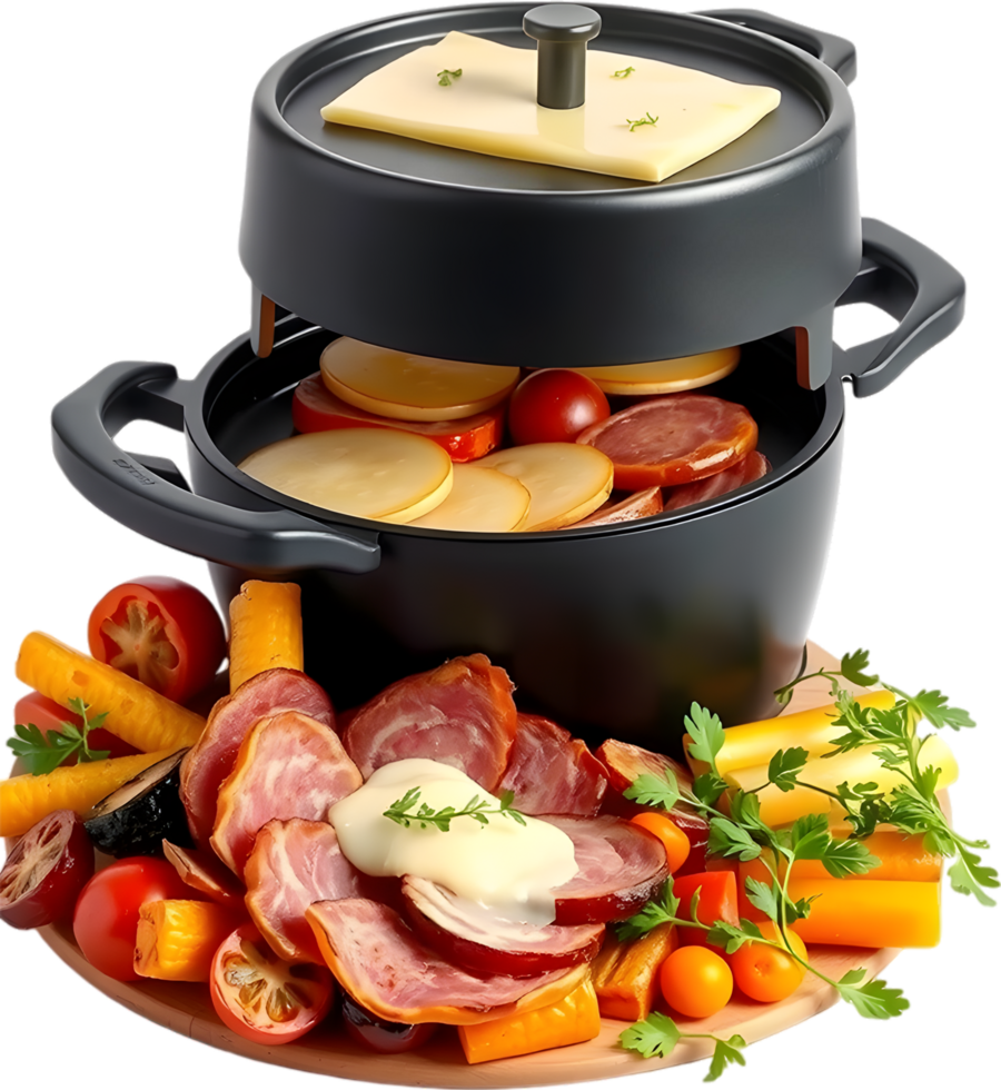 Irresistible plate of melted cheese potatoes and tasty charcuterie. . png