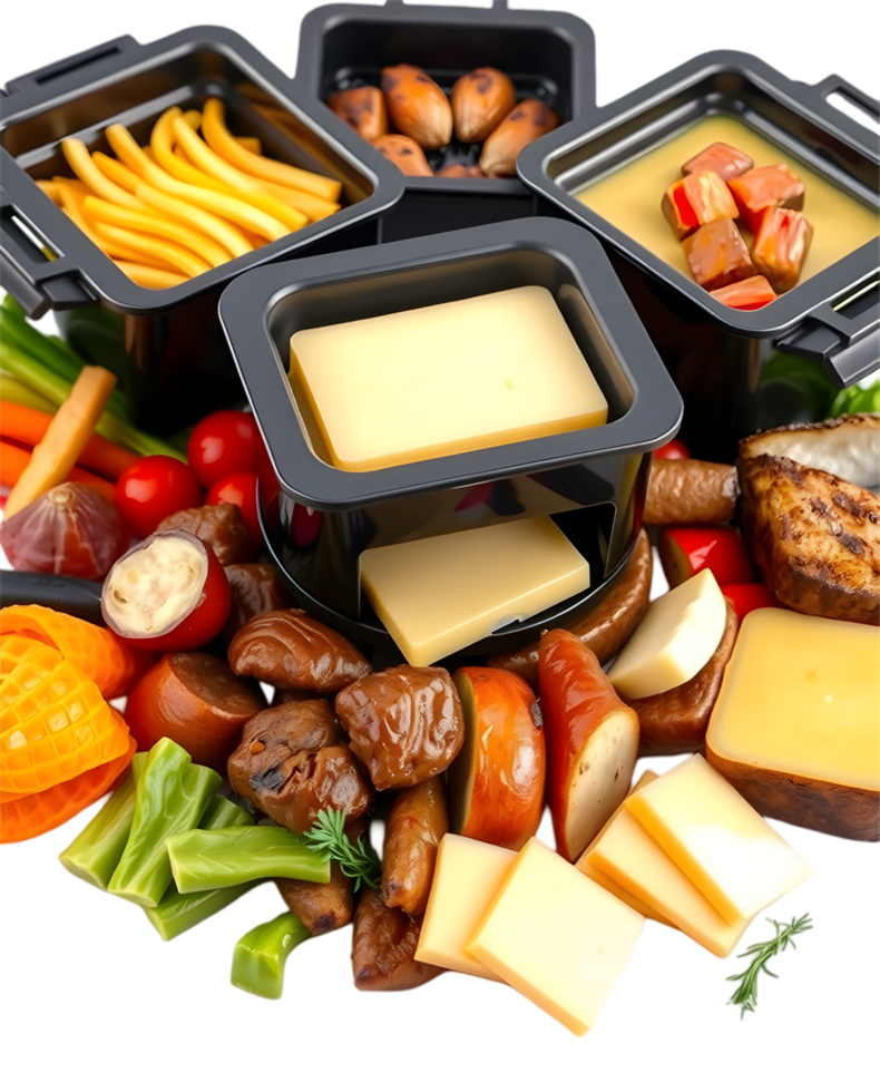 Cheesy raclette dinner served warm with potatoes and meats. . png