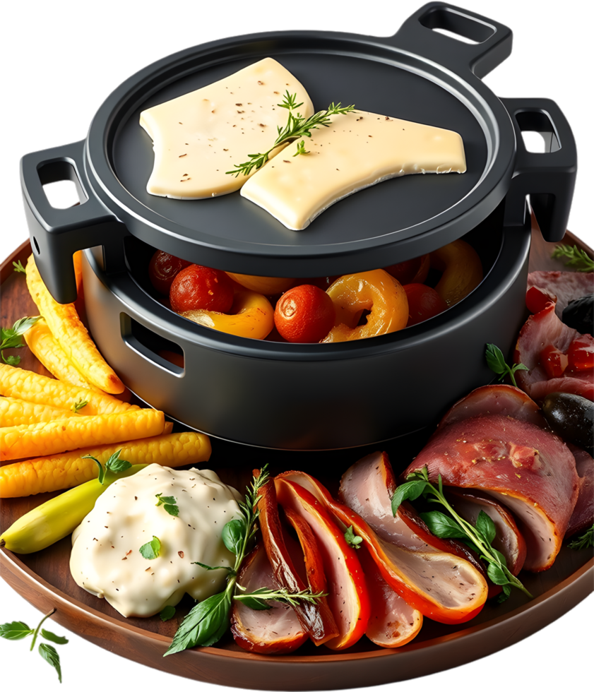 Gourmet Swiss raclette with warm potatoes and charcuterie goodness. . png