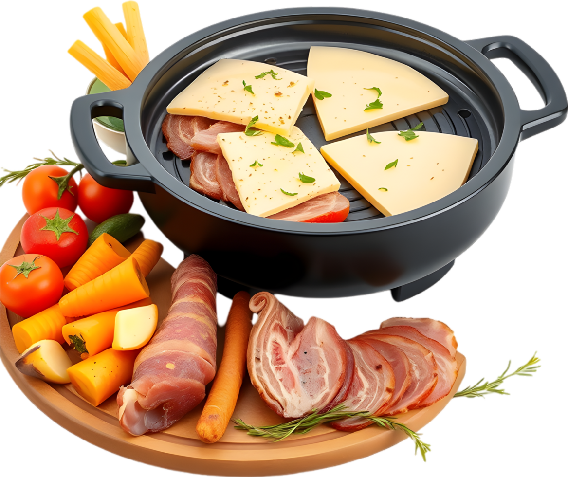 Rich raclette cheese plate paired with potatoes and meats. . png