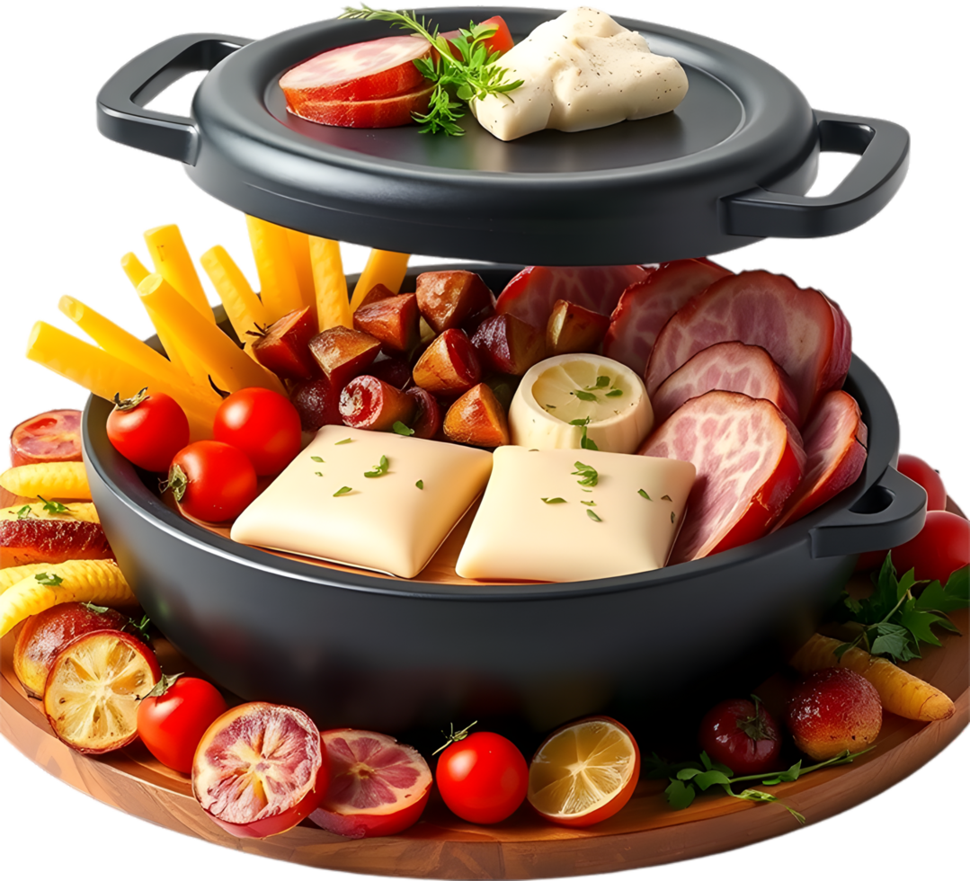 Melting raclette cheese over potatoes with salty charcuterie combo. . png