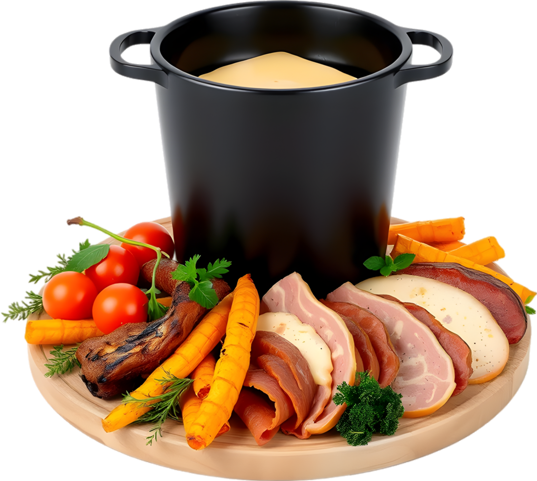 Alpine meal of raclette cheese savory meats and potatoes. . png