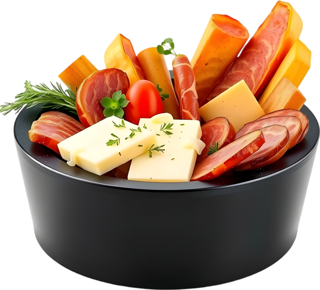Delicious raclette cheese melts over golden potatoes with charcuterie. . png