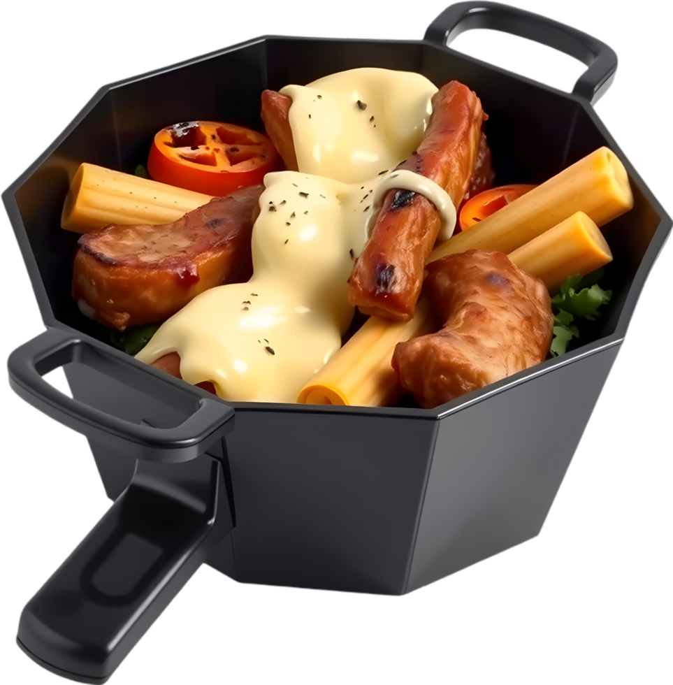 Savory raclette dish served hot with meats and potatoes. . png