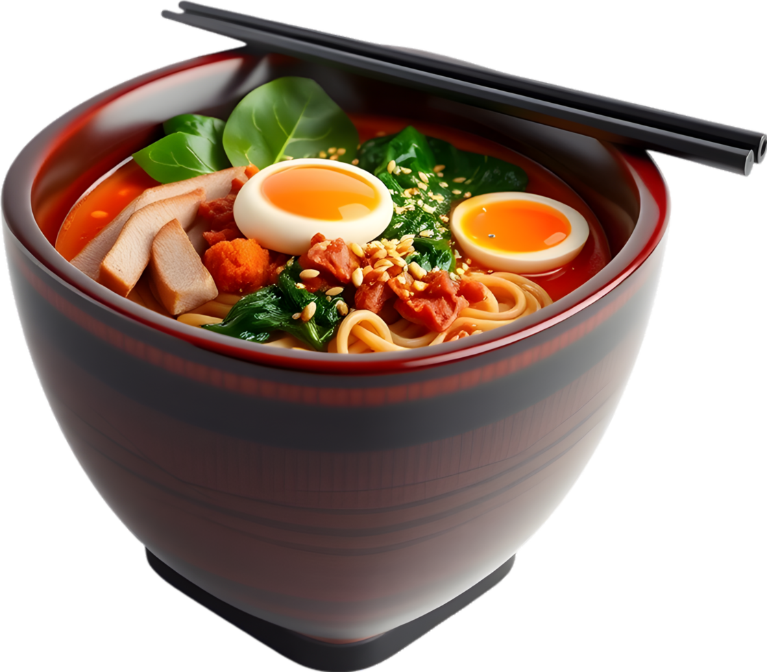 Japanese ramen bowl illustration with egg broth and meat. . png