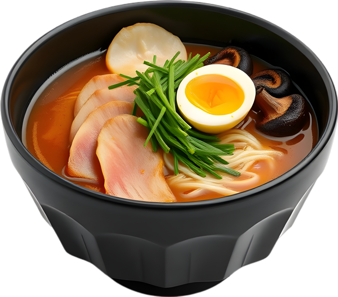 Colorful Asian dish illustration showing ramen soup and ingredients. . png