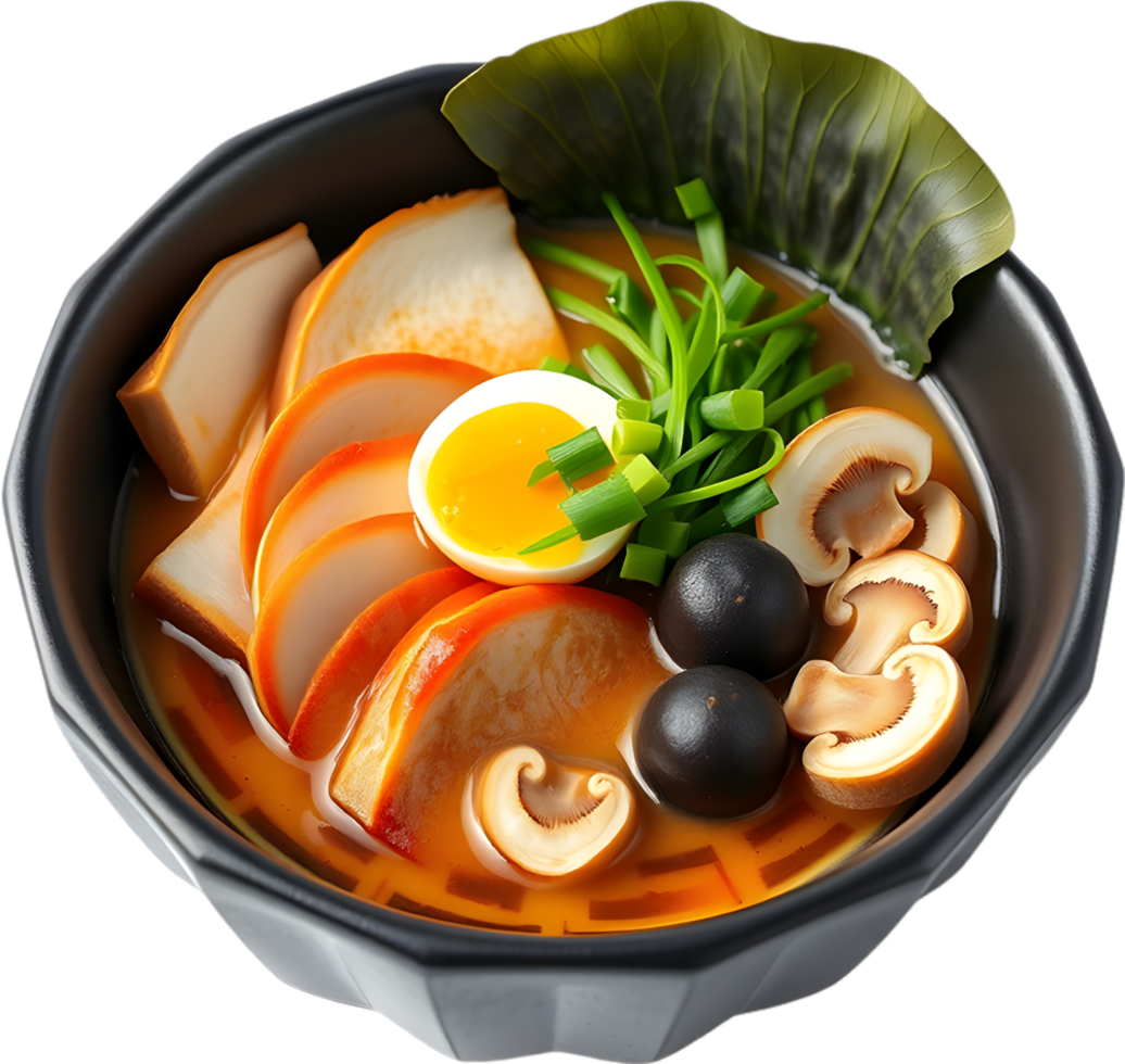 Freshly made ramen soup clipart with meat and vegetables. . png