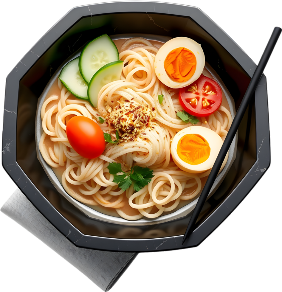 Rich Asian noodle soup in detailed tasty ramen design. . png