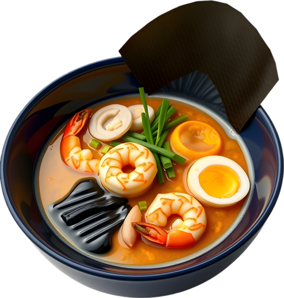 Boiling bowl of noodles with meat broth soup illustration. . png